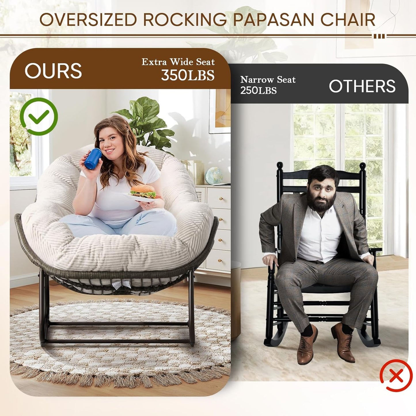 Papasan Chair – Extra Thick Cushion, Sturdy Wicker Frame, Indoor/Outdoor Lounge Chair for Porch, Patio & Balcony